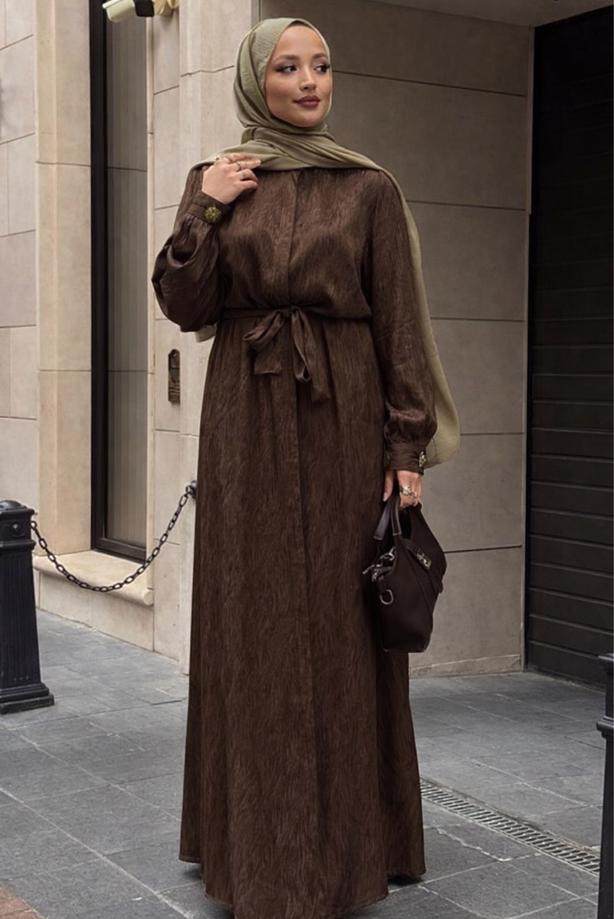 Hijab clothing BROWN BELTED JACQUARD DRESS T 4822 - TRENDTESETTÜR