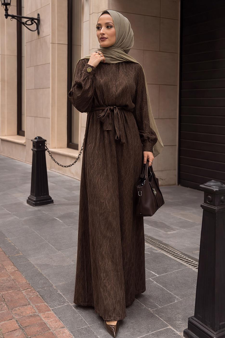 Hijab clothing BROWN BELTED JACQUARD DRESS T 4822