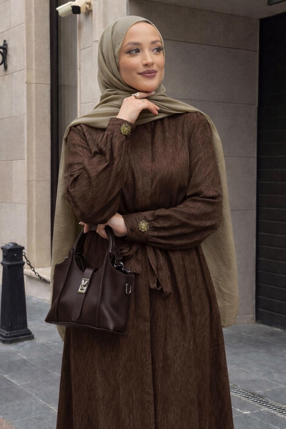 Hijab clothing BROWN BELTED JACQUARD DRESS T 4822