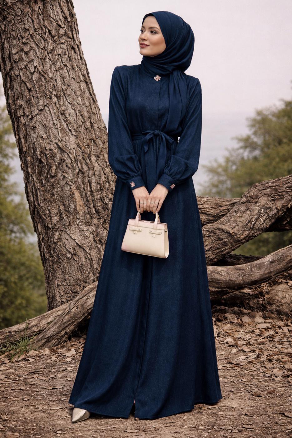 Hijab clothing NAVY BLUE BELTED JACQUARD DRESS T 4822