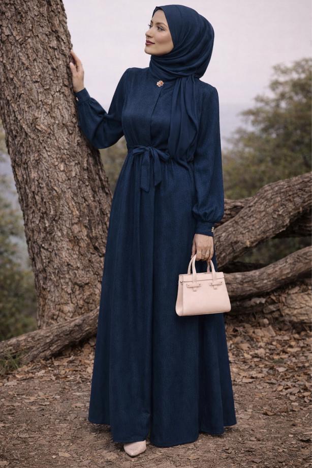 Hijab clothing NAVY BLUE BELTED JACQUARD DRESS T 4822 - TRENDTESETTÜR