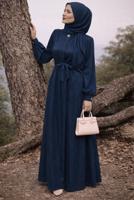 Hijab clothing NAVY BLUE BELTED JACQUARD DRESS T 4822