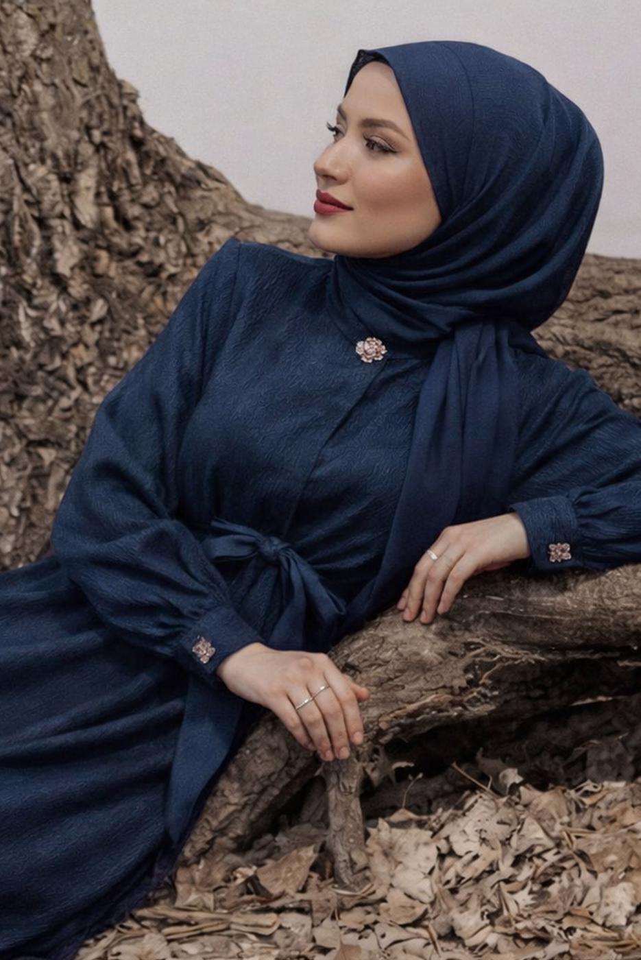 Hijab clothing NAVY BLUE BELTED JACQUARD DRESS T 4822