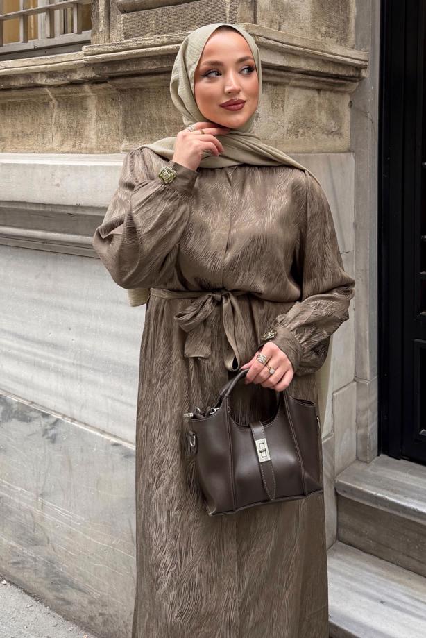 Hijab clothing MINK BELTED JACQUARD DRESS T 4822 - TRENDTESETTÜR