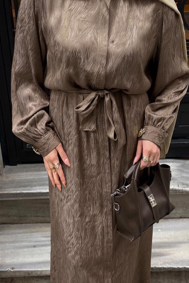 Hijab clothing MINK BELTED JACQUARD DRESS T 4822 - TRENDTESETTÜR