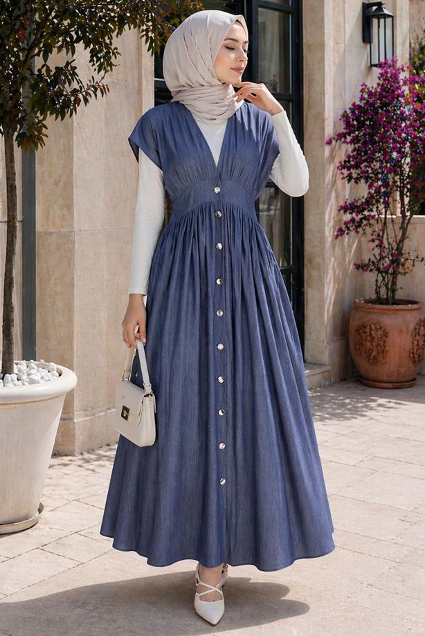 Hijab clothing NAVY BLUE DENIM-LOOK DRESS T 4826 - TRENDTESETTÜR