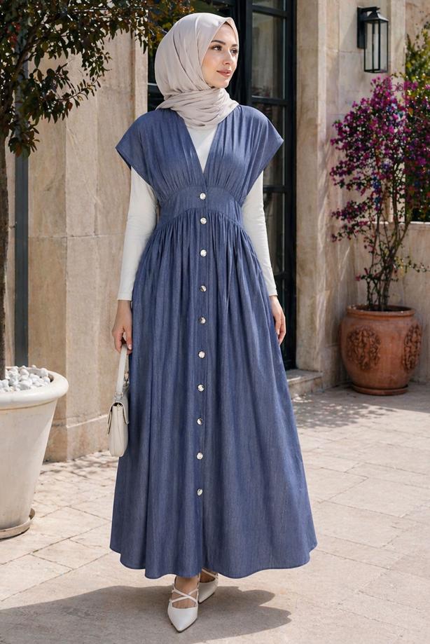 Hijab clothing NAVY BLUE DENIM-LOOK DRESS T 4826 - TRENDTESETTÜR