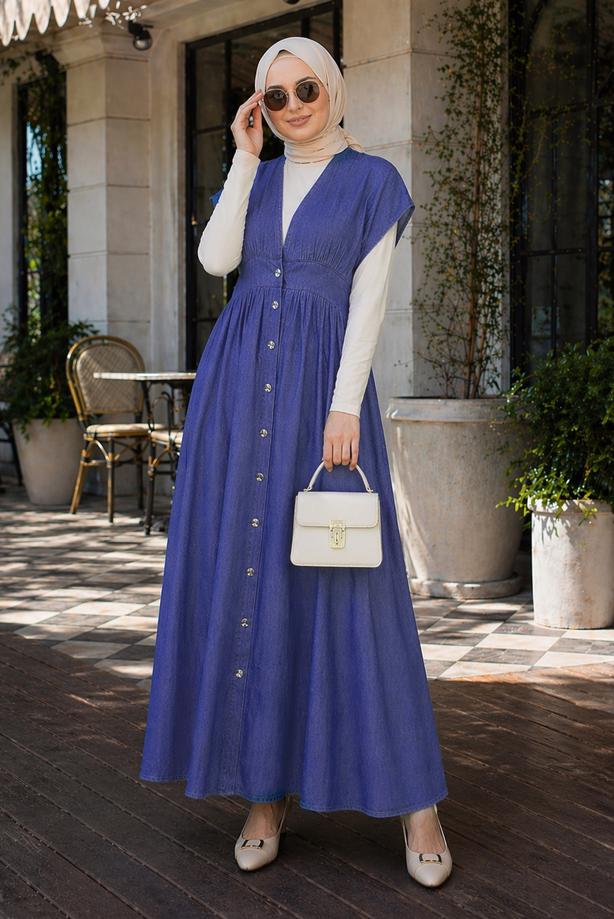 Hijab clothing NAVY BLUE DENIM-LOOK DRESS T 4826 - TRENDTESETTÜR