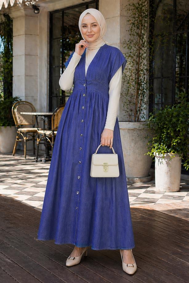 Hijab clothing NAVY BLUE DENIM-LOOK DRESS T 4826 - TRENDTESETTÜR
