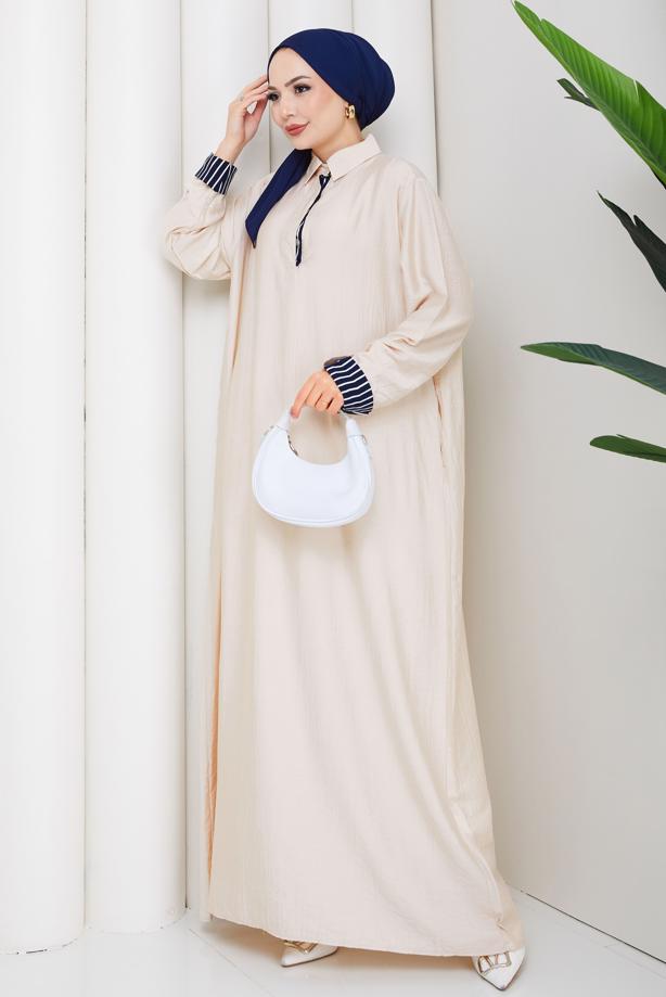 Tesettür giyim BEJ PAMUKLU GÖMLEK YAKA ELBİSE T 5370 - TRENDTESETTÜR