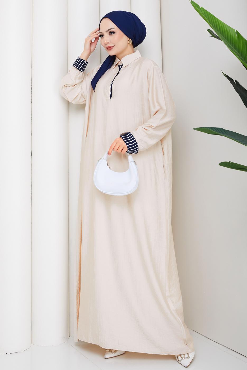 Tesettür giyim BEJ PAMUKLU GÖMLEK YAKA ELBİSE T 5370