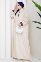 Tesettür giyim BEJ PAMUKLU GÖMLEK YAKA ELBİSE T 5370