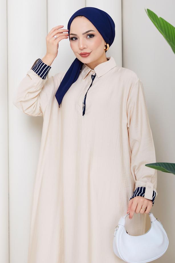Tesettür giyim BEJ PAMUKLU GÖMLEK YAKA ELBİSE T 5370 - TRENDTESETTÜR