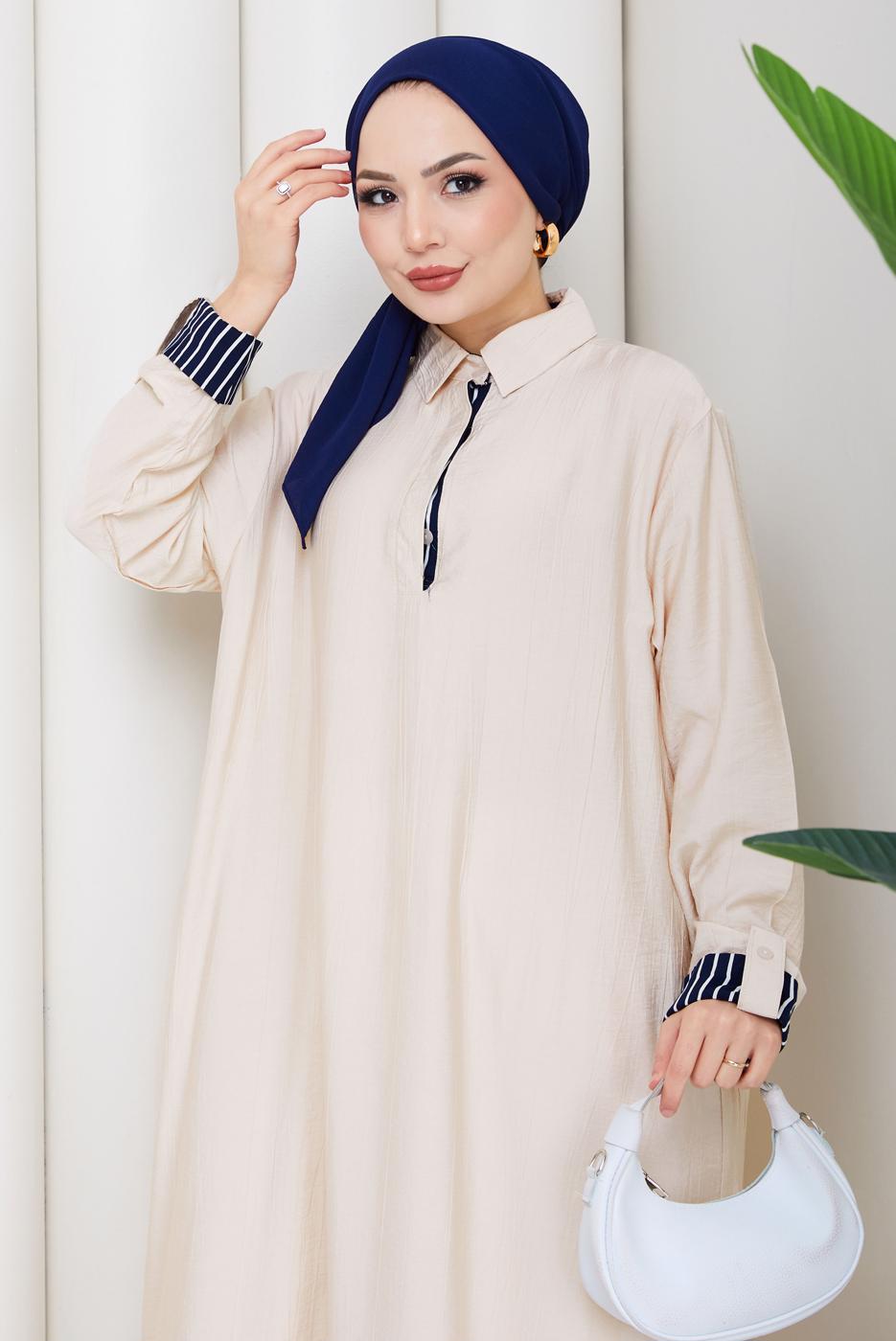 Tesettür giyim BEJ PAMUKLU GÖMLEK YAKA ELBİSE T 5370