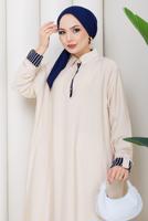Tesettür giyim BEJ PAMUKLU GÖMLEK YAKA ELBİSE T 5370