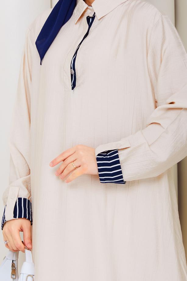 Tesettür giyim BEJ PAMUKLU GÖMLEK YAKA ELBİSE T 5370 - TRENDTESETTÜR