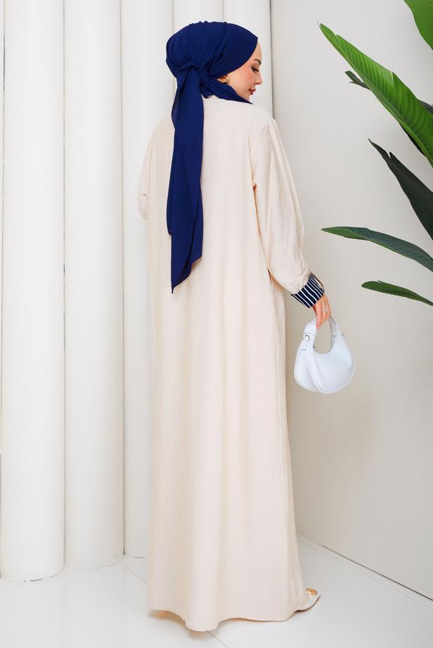 Tesettür giyim BEJ PAMUKLU GÖMLEK YAKA ELBİSE T 5370 - TRENDTESETTÜR