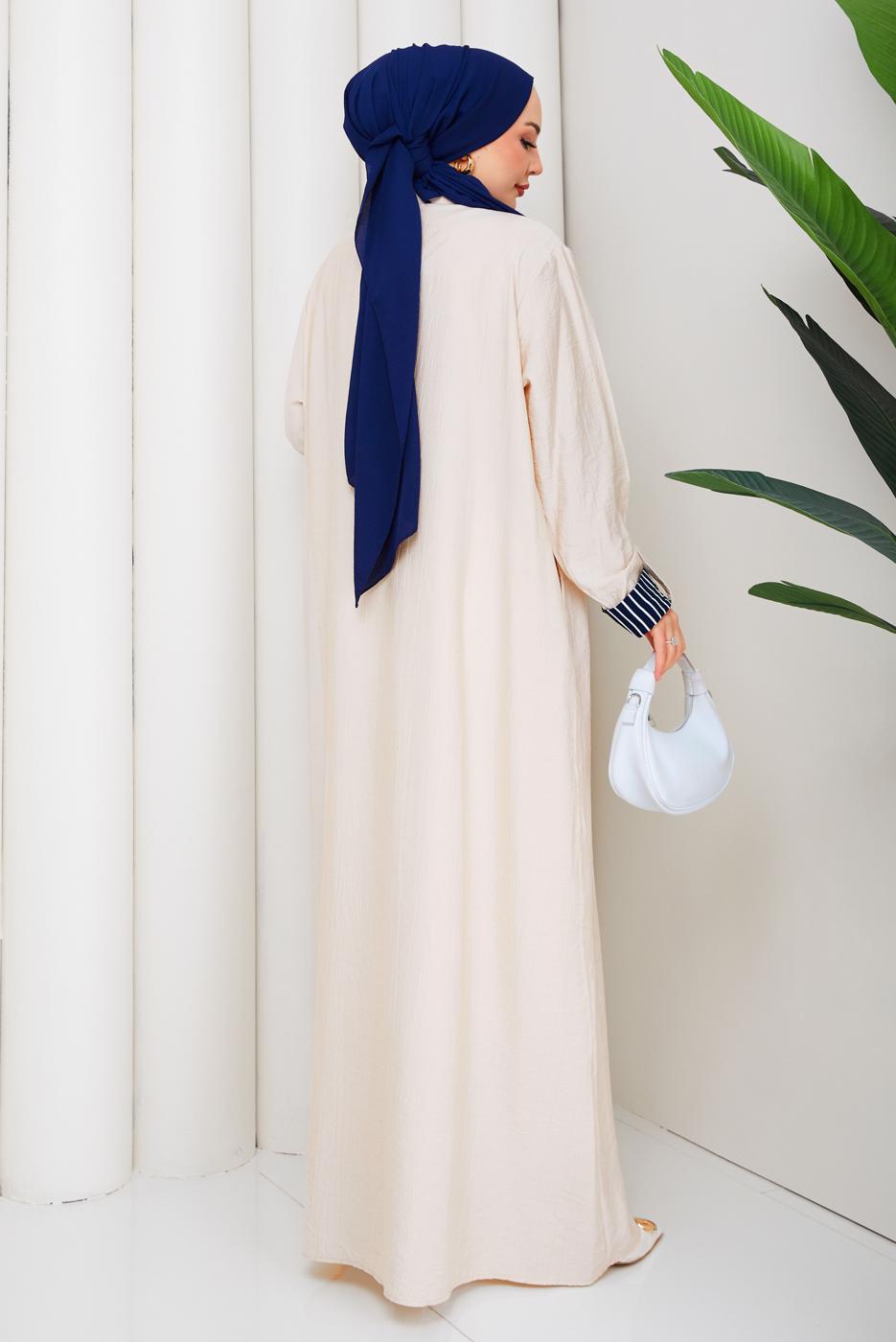 Tesettür giyim BEJ PAMUKLU GÖMLEK YAKA ELBİSE T 5370