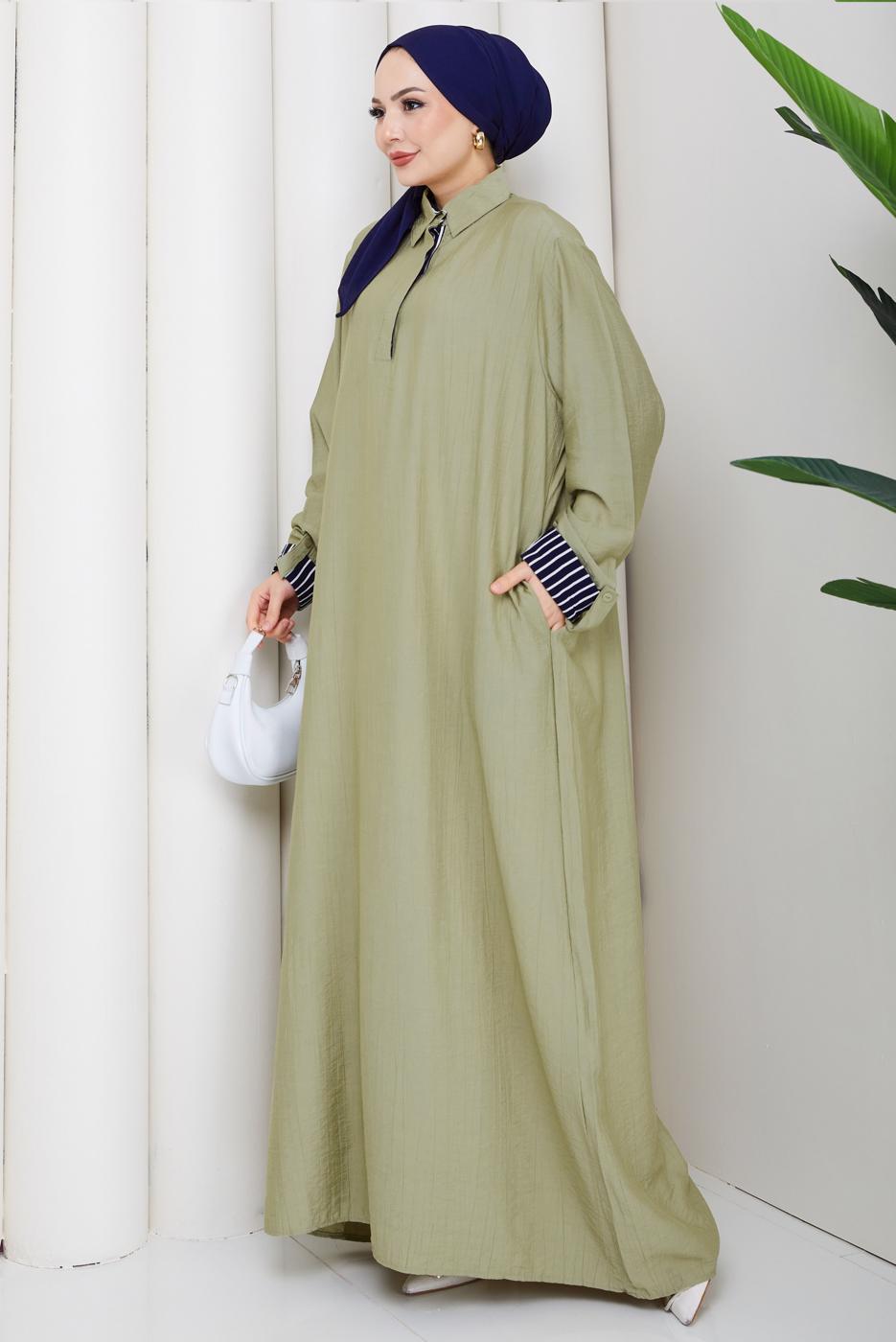 Tesettür giyim HAKİ PAMUKLU GÖMLEK YAKA ELBİSE T 5370