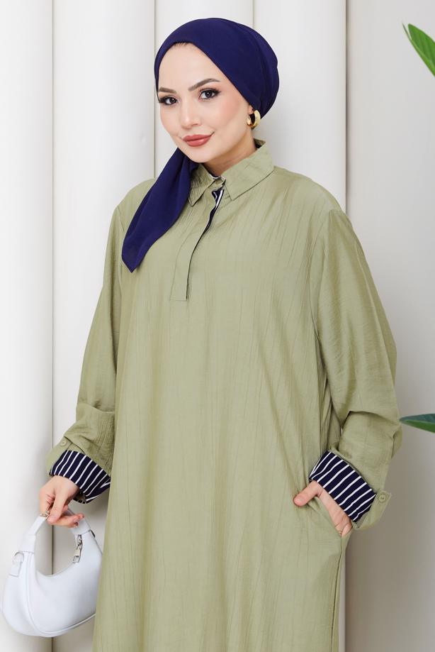 Tesettür giyim HAKİ PAMUKLU GÖMLEK YAKA ELBİSE T 5370 - TRENDTESETTÜR