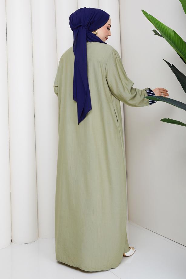 Tesettür giyim HAKİ PAMUKLU GÖMLEK YAKA ELBİSE T 5370 - TRENDTESETTÜR