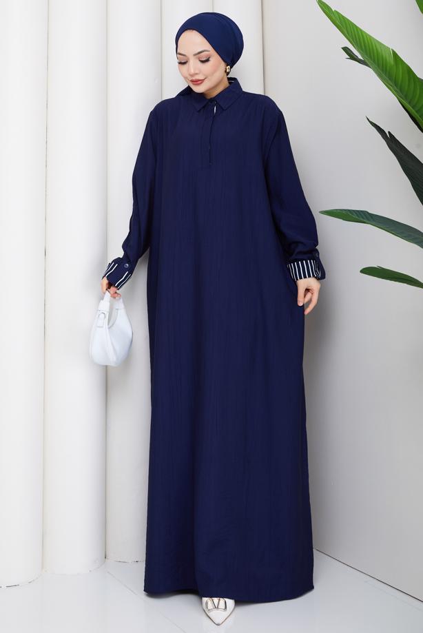 Tesettür giyim LACİVERT PAMUKLU GÖMLEK YAKA ELBİSE T 5370 - TRENDTESETTÜR