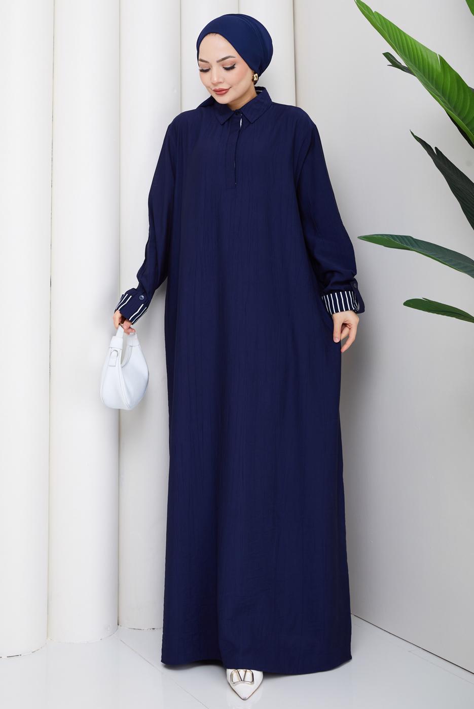 Tesettür giyim LACİVERT PAMUKLU GÖMLEK YAKA ELBİSE T 5370