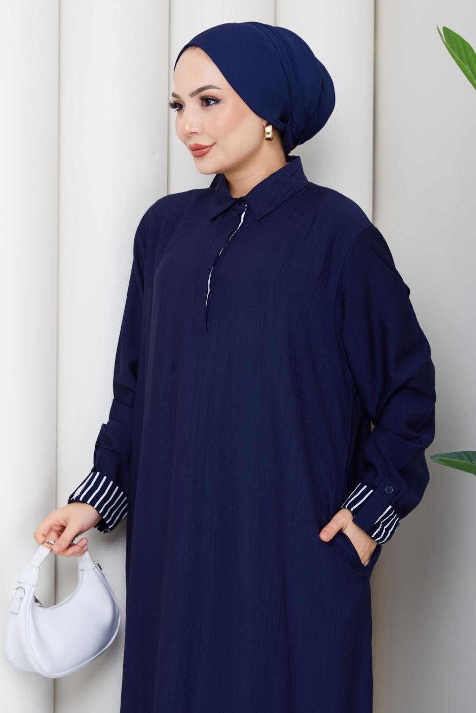 Tesettür giyim LACİVERT PAMUKLU GÖMLEK YAKA ELBİSE T 5370