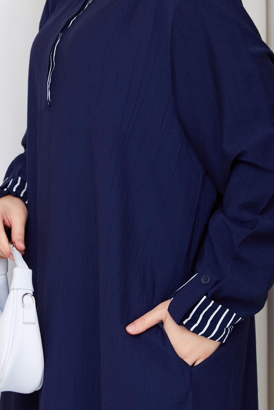 Tesettür giyim LACİVERT PAMUKLU GÖMLEK YAKA ELBİSE T 5370