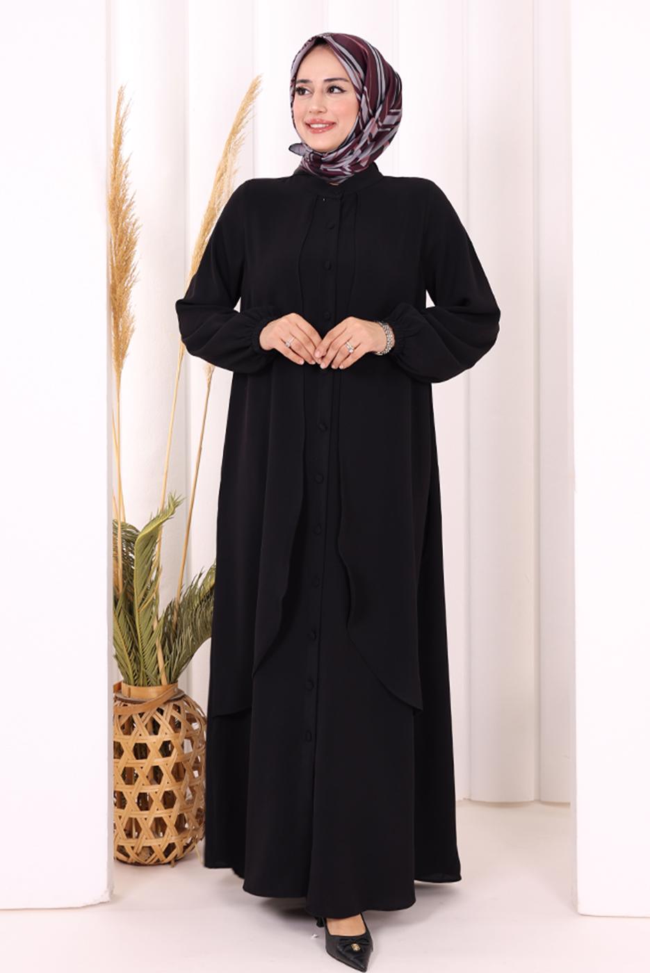 Tesettür giyim SİYAH DÜĞME DETAYLI ELBİSE T 5406