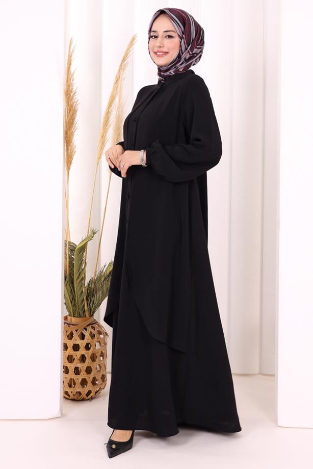 Tesettür giyim SİYAH DÜĞME DETAYLI ELBİSE T 5406 - TRENDTESETTÜR
