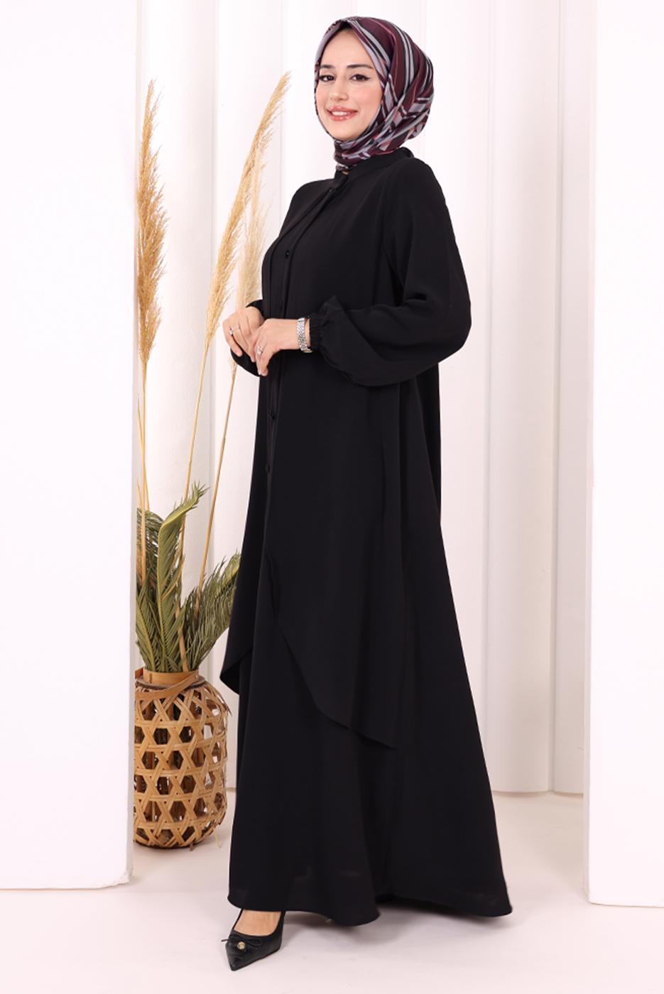 Tesettür giyim SİYAH DÜĞME DETAYLI ELBİSE T 5406