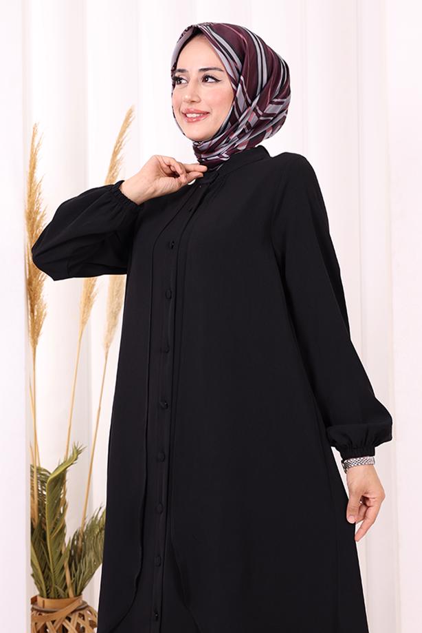 Tesettür giyim SİYAH DÜĞME DETAYLI ELBİSE T 5406 - TRENDTESETTÜR