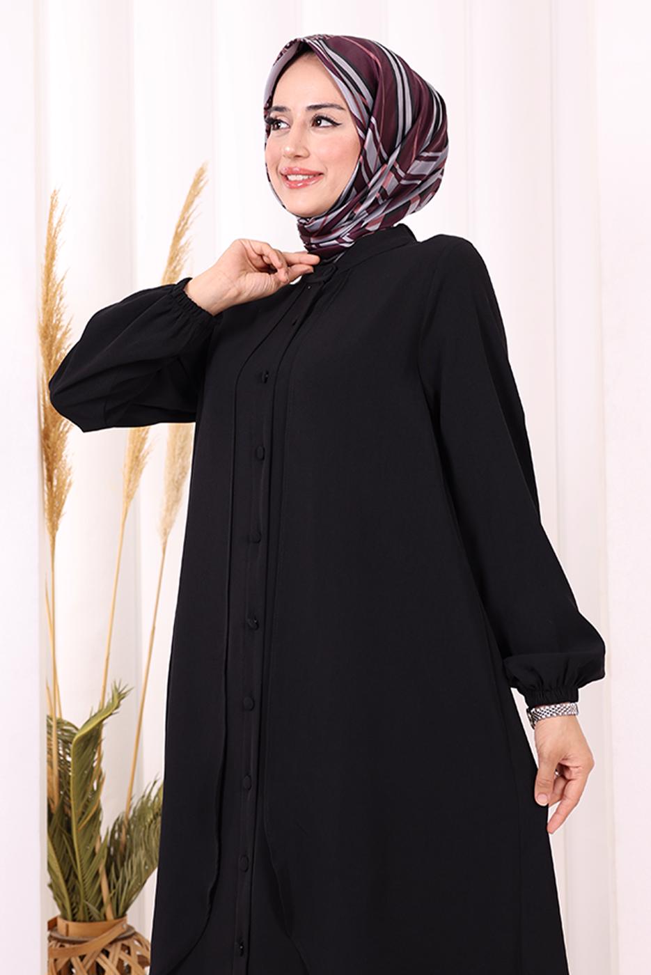 Tesettür giyim SİYAH DÜĞME DETAYLI ELBİSE T 5406