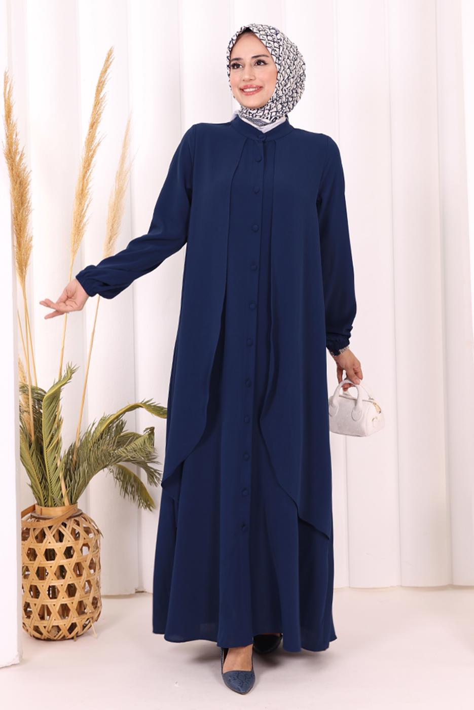 Tesettür giyim LACİVERT DÜĞME DETAYLI ELBİSE T 5406