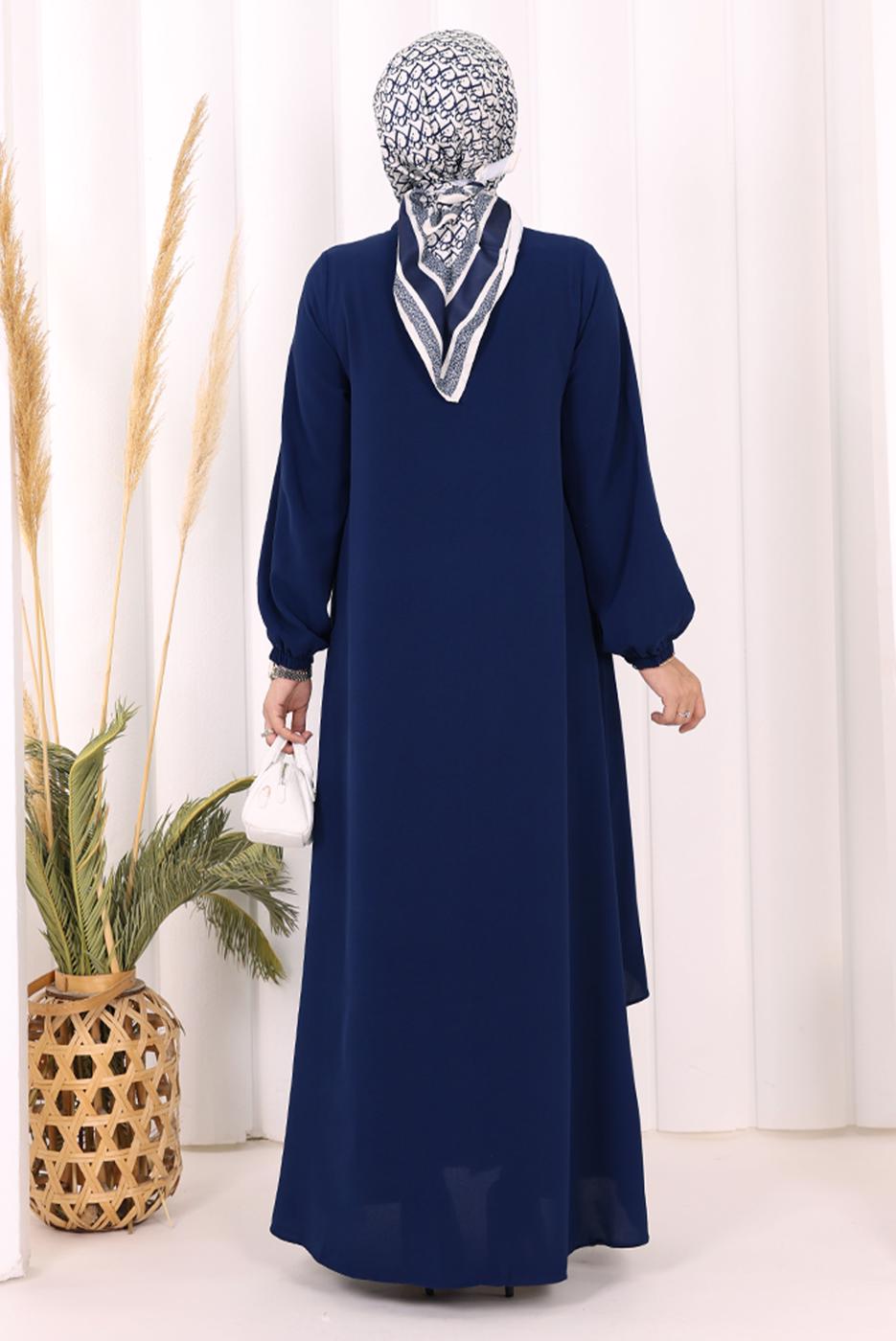 Tesettür giyim LACİVERT DÜĞME DETAYLI ELBİSE T 5406