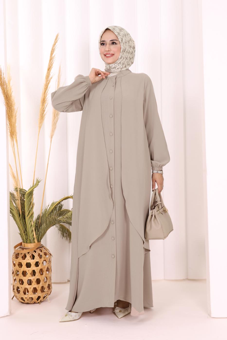 Tesettür giyim VİZON DÜĞME DETAYLI ELBİSE T 5406