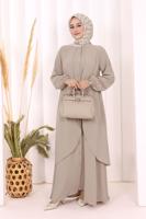 Tesettür giyim VİZON DÜĞME DETAYLI ELBİSE T 5406