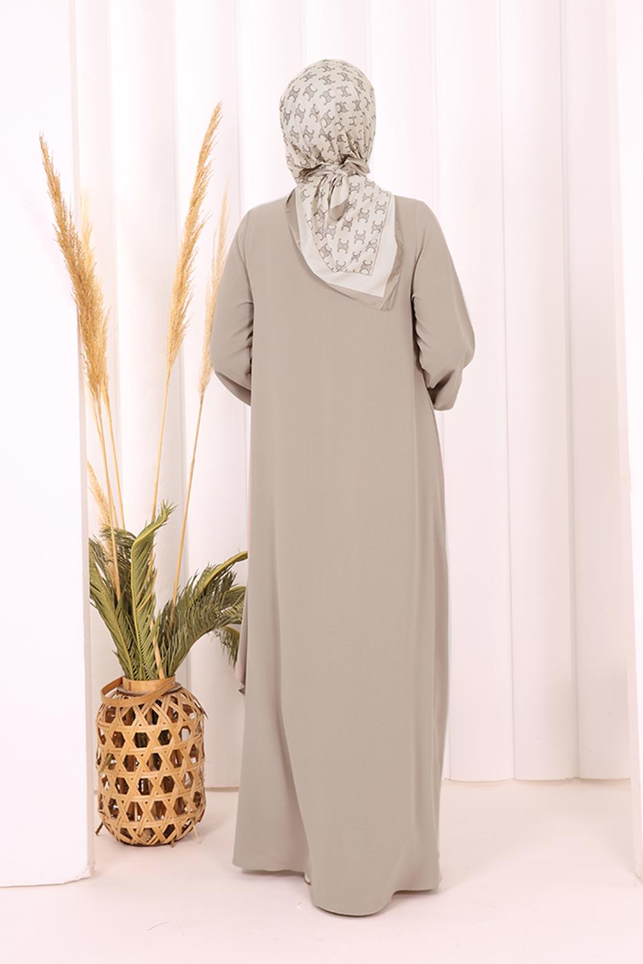 Tesettür giyim VİZON DÜĞME DETAYLI ELBİSE T 5406