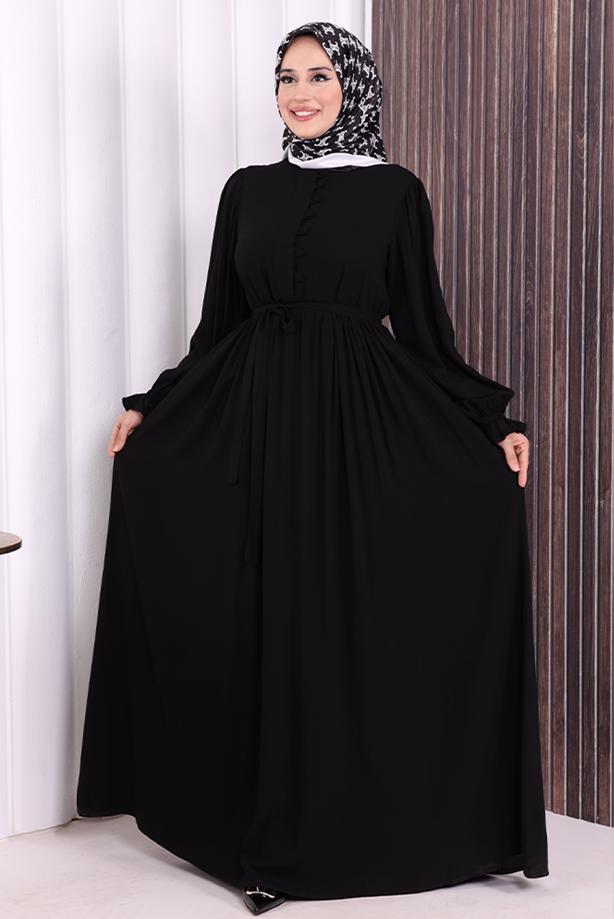 Tesettür giyim SİYAH KUŞAKLI DÜĞME DETAYLI ELBİSE T 5506 - TRENDTESETTÜR