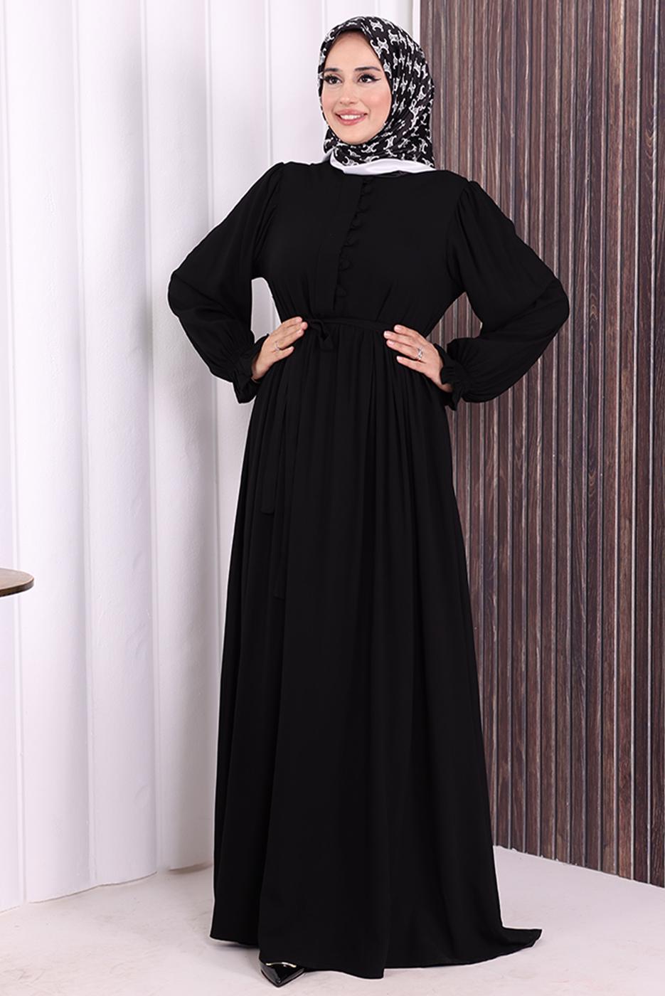Tesettür giyim SİYAH KUŞAKLI DÜĞME DETAYLI ELBİSE T 5506