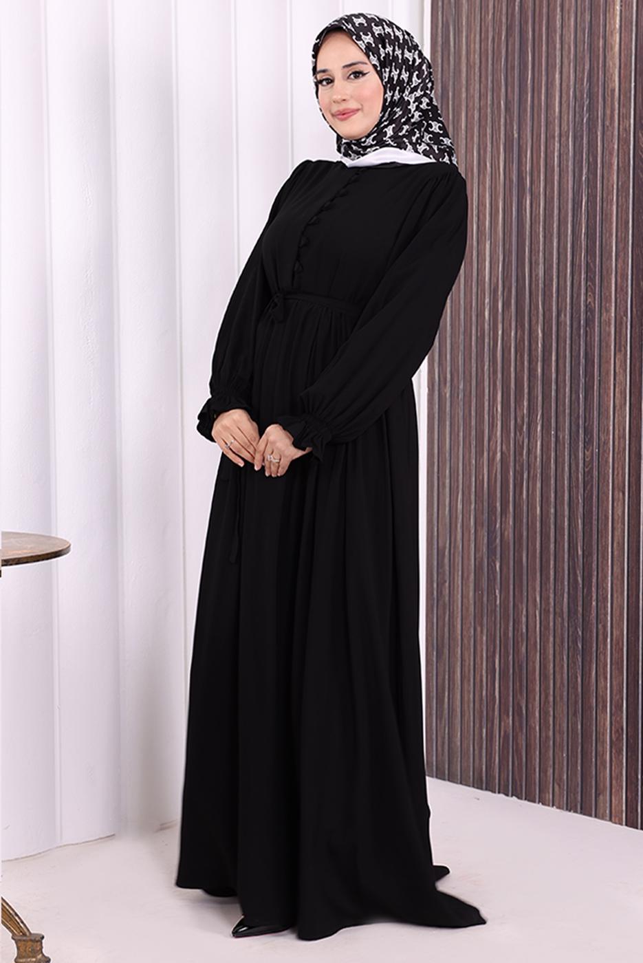 Tesettür giyim SİYAH KUŞAKLI DÜĞME DETAYLI ELBİSE T 5506