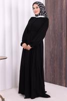 Tesettür giyim SİYAH KUŞAKLI DÜĞME DETAYLI ELBİSE T 5506