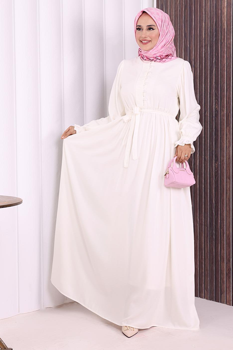 Tesettür giyim EKRU KUŞAKLI DÜĞME DETAYLI ELBİSE T 5506