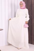 Tesettür giyim EKRU KUŞAKLI DÜĞME DETAYLI ELBİSE T 5506