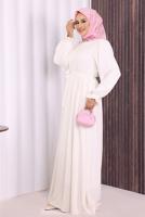 Tesettür giyim EKRU KUŞAKLI DÜĞME DETAYLI ELBİSE T 5506