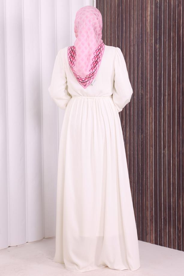 Tesettür giyim EKRU KUŞAKLI DÜĞME DETAYLI ELBİSE T 5506 - TRENDTESETTÜR