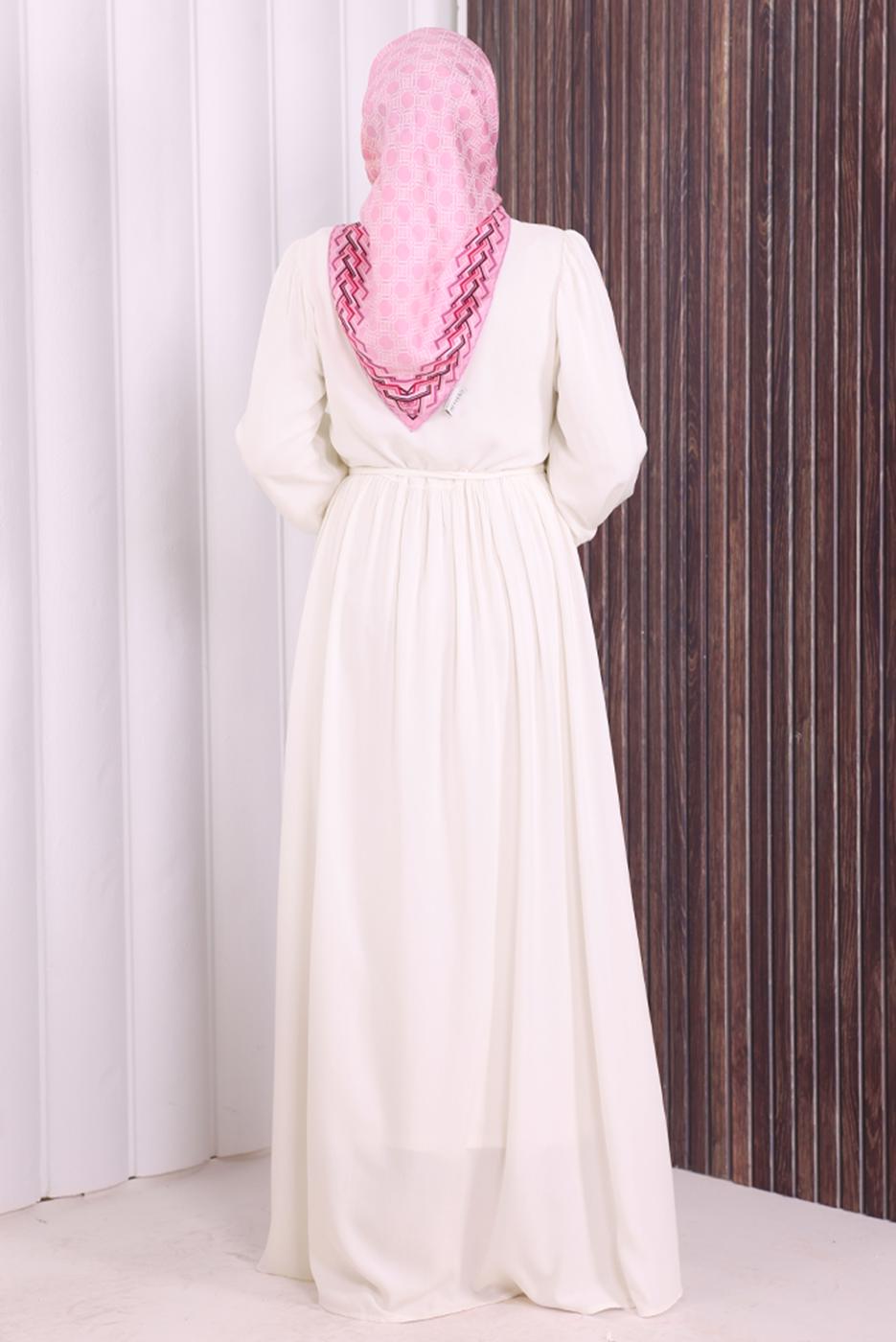 Tesettür giyim EKRU KUŞAKLI DÜĞME DETAYLI ELBİSE T 5506