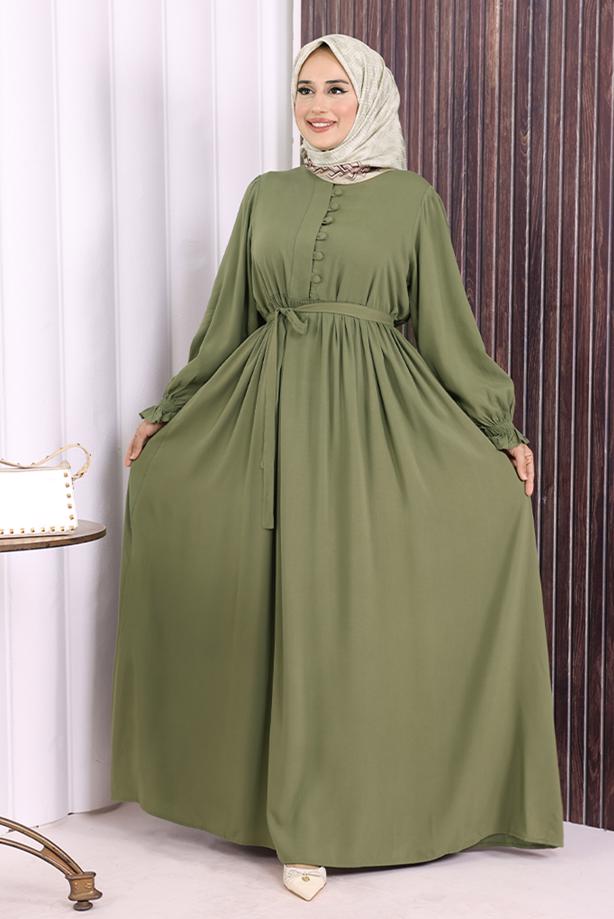 Tesettür giyim HAKİ KUŞAKLI DÜĞME DETAYLI ELBİSE T 5506 - TRENDTESETTÜR