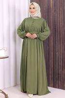 Tesettür giyim HAKİ KUŞAKLI DÜĞME DETAYLI ELBİSE T 5506
